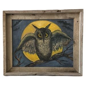 OIL PAINTING SIGNED Reclaimed Wood Framed Owl Painting With Yellow Moon Harvest